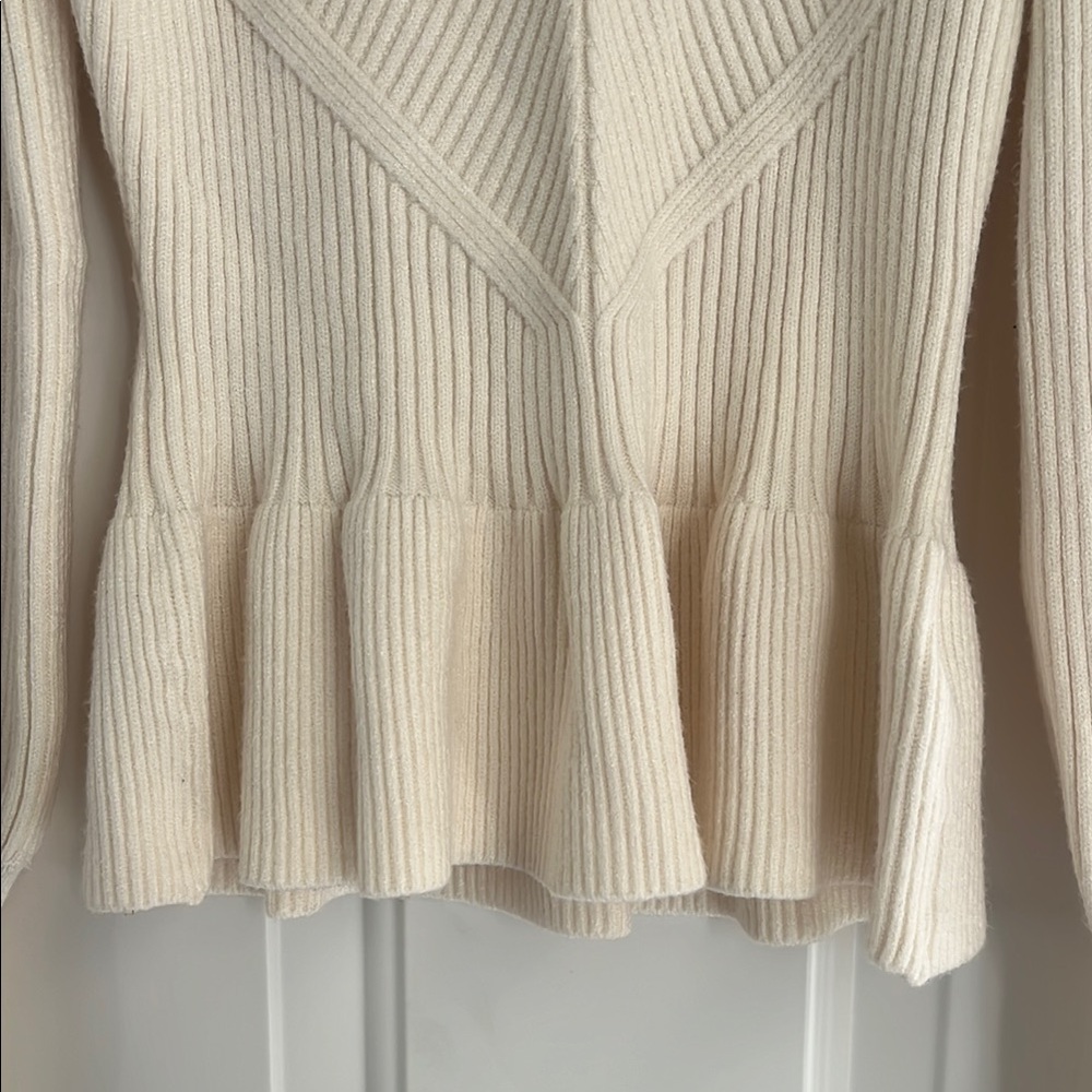 EXPRESS Cream Ribbed Crew Neck Puff Sleeves Peplum Sweater | Size S - Picture 3 of 7